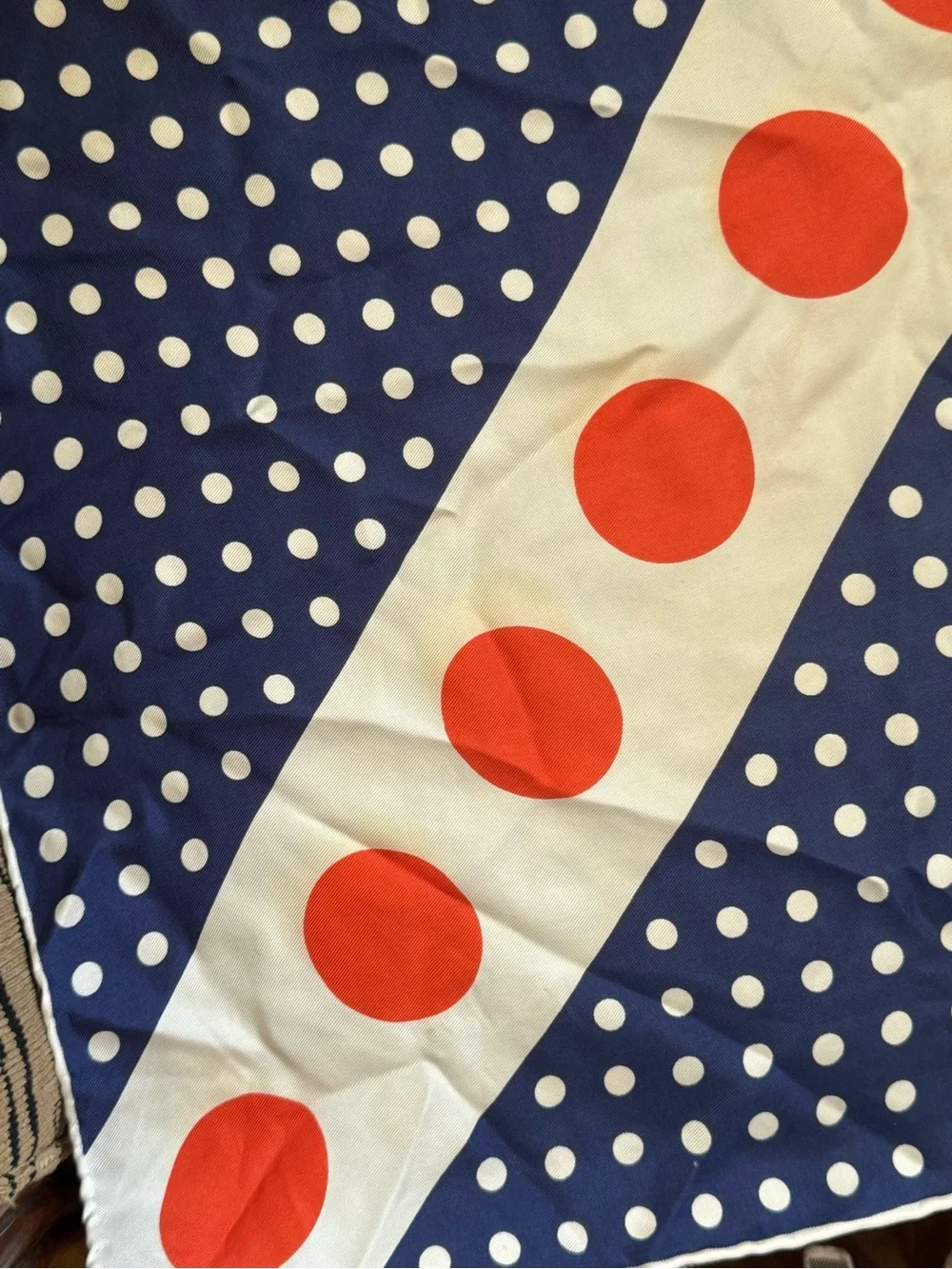 Givenchy Navy and White Polka Dot Silk Accent with Orange Dot Stripe